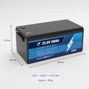 25.6V 100Ah LiFePO4 battery dimensions 532 x 207 x 215 mm