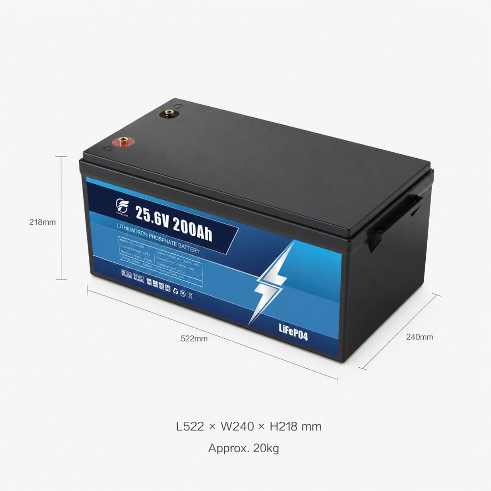 25.6V 200Ah LiFePO4 battery dimensions 522 x 240 x 218 mm