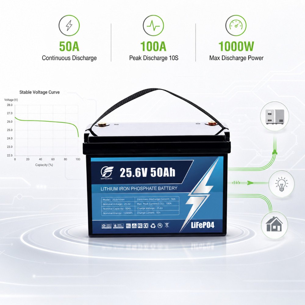 25.6V 50Ah LiFePO4 battery with 50A discharge and 1000W max power