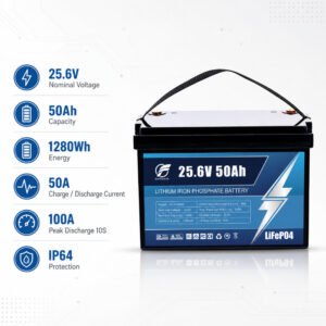 25.6V 50Ah LiFePO4 battery specifications 1280Wh IP64