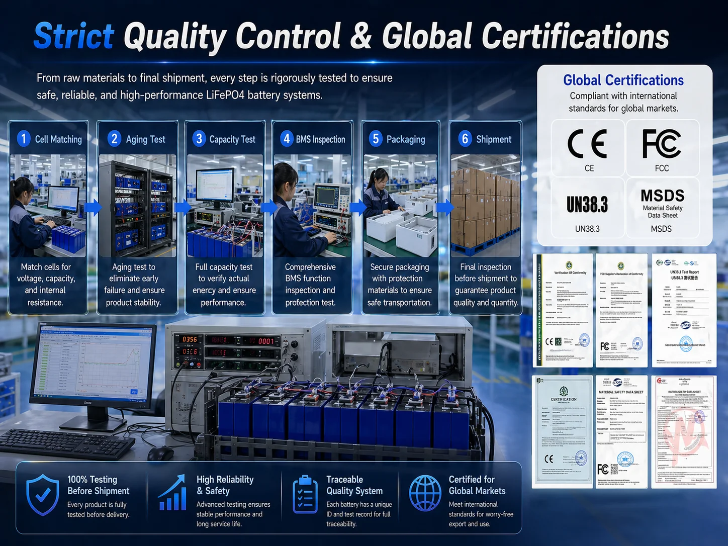 LiFePO4 battery quality control process and international certifications