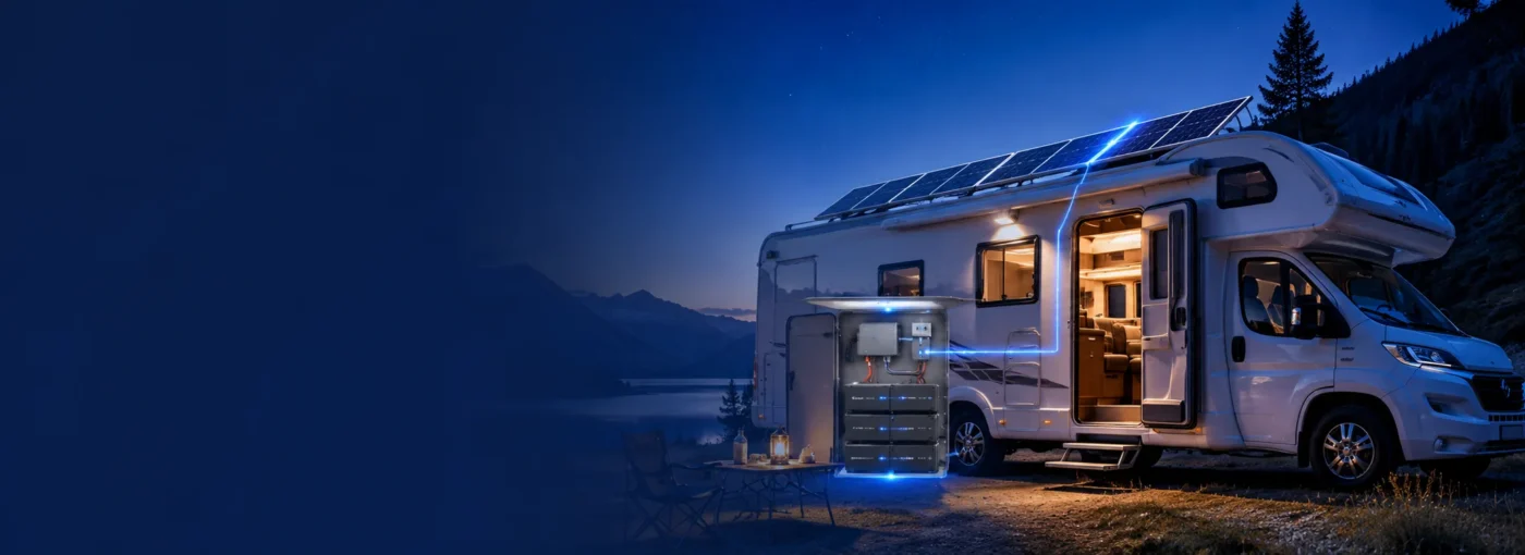 RV camper van with rooftop solar panels and LiFePO4 battery energy storage system for off-grid power solution