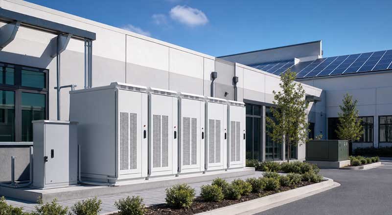 Commercial energy storage system installed beside a commercial building with rooftop solar panels
