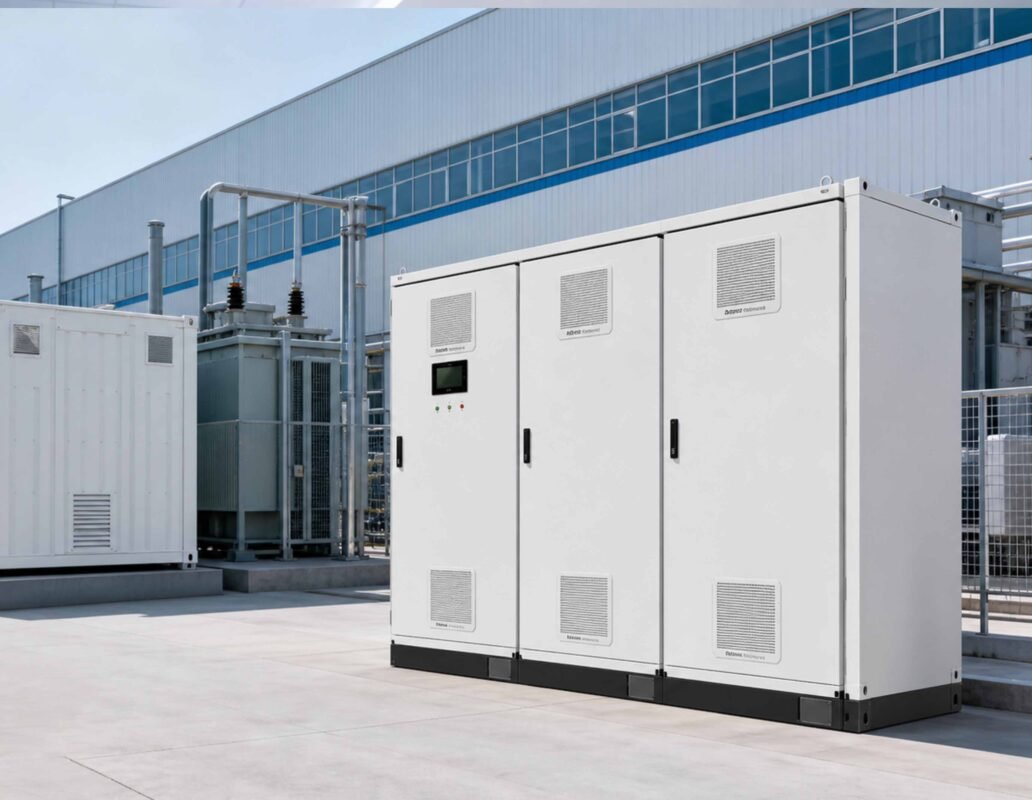 Containerized BESS and outdoor energy storage cabinets deployed at an industrial park project site