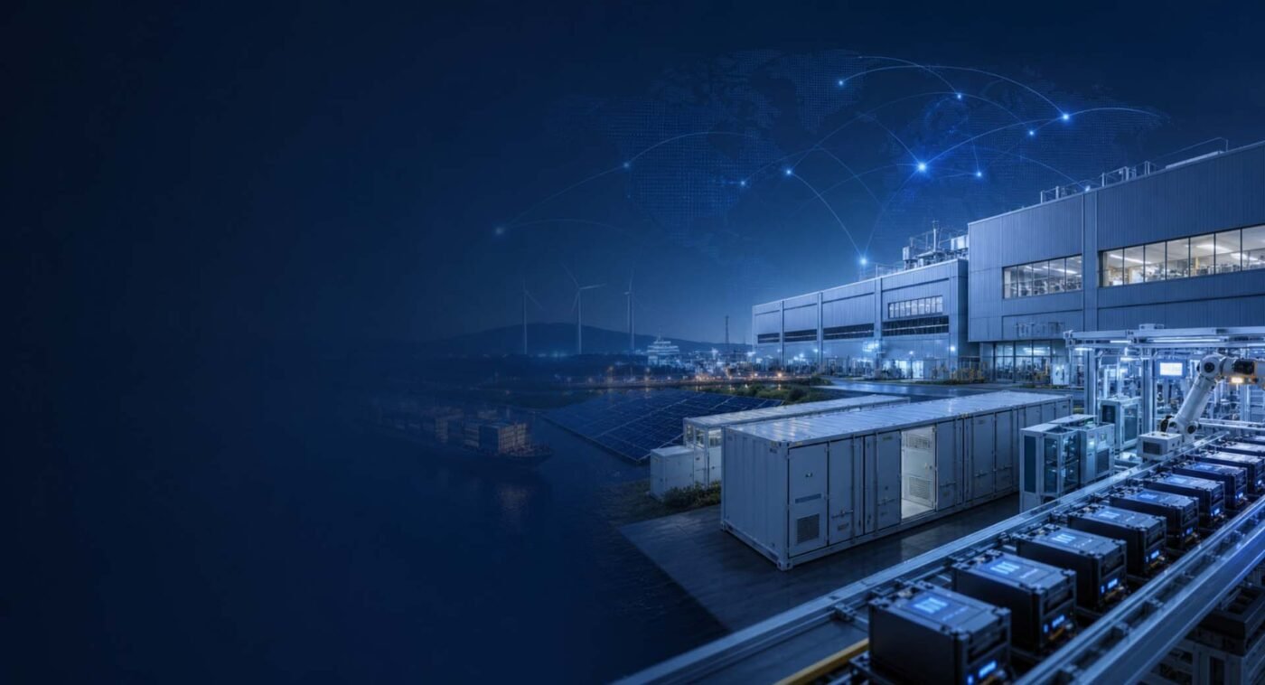 LiFePO4 battery manufacturer company overview banner with factory production and global energy storage network