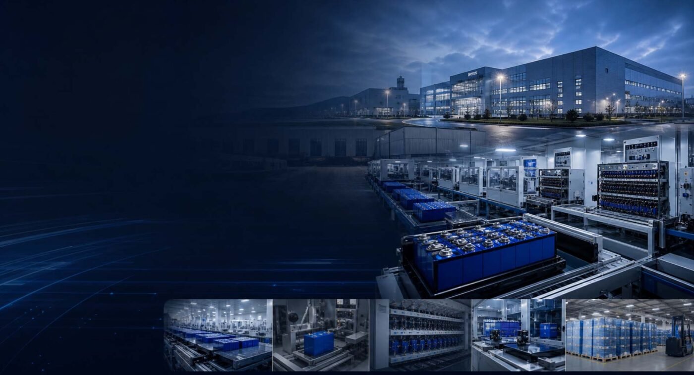 LiFePO4 battery manufacturing capacity banner with modern factory production line and OEM battery testing equipment