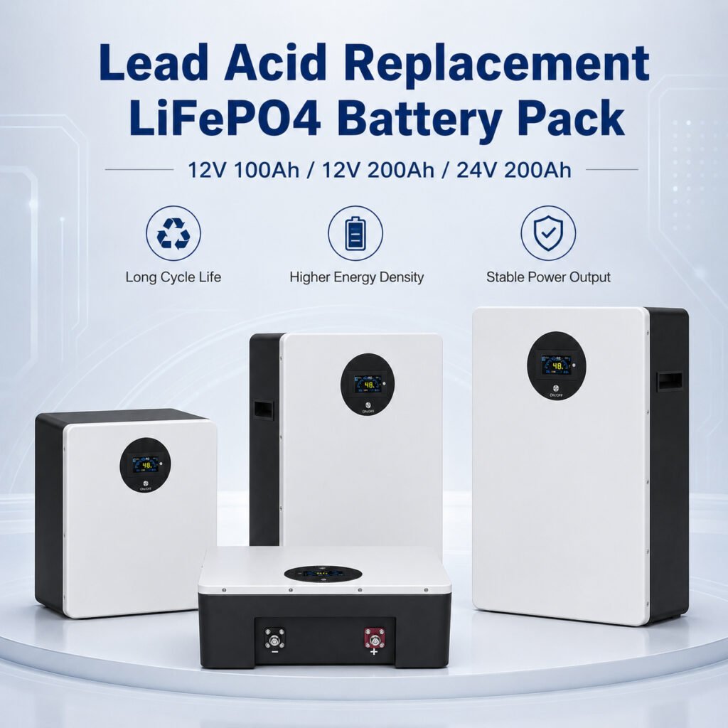 Lead acid replacement LiFePO4 battery pack series including 12V 100Ah 12V 200Ah and 24V 200Ah models