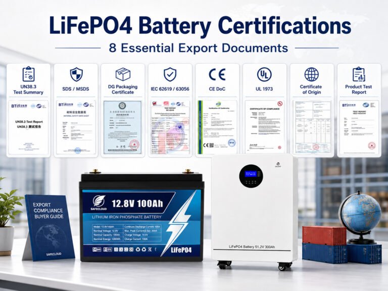 LiFePO4 battery certifications overview showing 8 essential export documents for battery import and shipment compliance