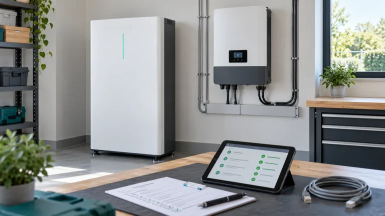 LiFePO4 battery inverter compatibility review with a storage cabinet, hybrid inverter and diagnostic tablet.