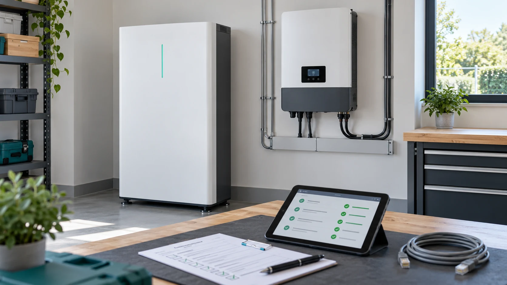 LiFePO4 battery inverter compatibility review with a storage cabinet, hybrid inverter and diagnostic tablet.